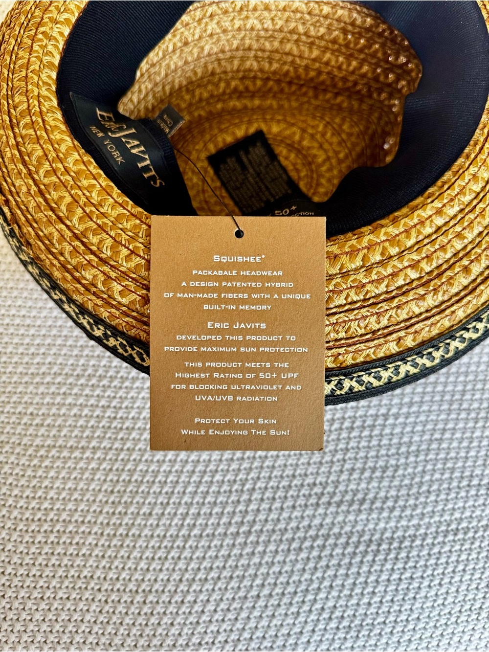 ERIC JAVITS Authentic Squishee Straw Hat UPF 50 Fedora Black Trim Patterned Band - Picture 9 of 14